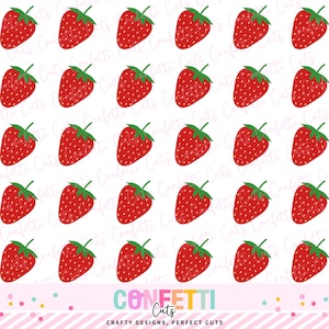May include: A pattern of red strawberries with green stems and leaves on a white background. The strawberries have small white seeds. The image includes the text "Confetti Cuts" and "Crafty Designs, Perfect Cuts".