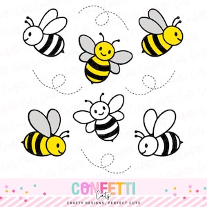 May include: A collection of six cartoon bee illustrations in black, white, and yellow. The bees have smiling faces and are shown with dotted flight paths. The bottom of the image includes the text "Confetti Cuts, Crafty Designs, Perfect Cuts."