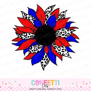 Könnte beinhalten: Eine grafische Illustration einer Sonnenblume mit Blütenblättern in einfarbigem Rot, einfarbigem Blau und Weiß mit einem schwarzen Leopardenmuster. Die Mitte der Blume ist ein einfarbiger schwarzer Kreis. Das Design ist auf weißem Grund.