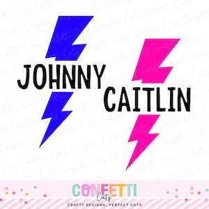 May include: A graphic design featuring the names "JOHNNY" and "CAITLIN" in black, each accompanied by a blue and pink lightning bolt. The design includes the text "Confetti Cuts" and "Crafty Designs, Perfect Cuts".