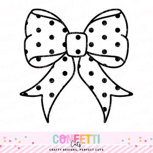 May include: A black and white polka dot bow illustration. The bow has a square center and rounded edges. The bow is decorated with black polka dots. The bottom of the image has the text "Confetti Cuts, Crafty Designs, Perfect Cuts."