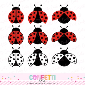 May include: Nine ladybug designs in red and black, and white and black. The ladybugs are in various poses, some with wings open and others closed. The image includes the text "Confetti Cuts" and "Crafty Designs, Perfect Cuts".