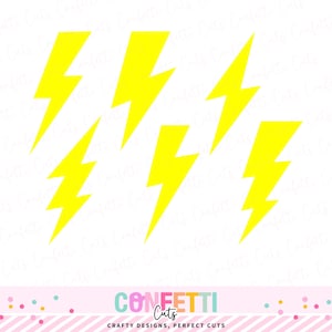 May include: A collection of six bright yellow lightning bolt shapes against a white background. The lightning bolts vary in size and orientation. The bottom of the image features the text "Confetti Cuts" and "Crafty Designs, Perfect Cuts".