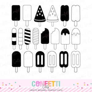 May include: A collection of popsicle designs in black and white, including classic shapes, watermelon slices, and spiral patterns. The image also includes the text "Confetti Cuts: Crafty Designs, Perfect Cuts".