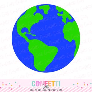 May include: A blue and green graphic of the Earth. The continents are green, and the oceans are blue. The image includes the text "Confetti Cuts" and "Crafty Designs, Perfect Cuts".