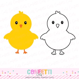 Può includere: Due pulcini dei cartoni animati, uno giallo e uno delineato in nero, con occhi neri e becchi arancioni. Il pulcino giallo è pieno, mentre l'altro è un disegno a tratteggio. Il testo "Confetti Cuts" è in basso.