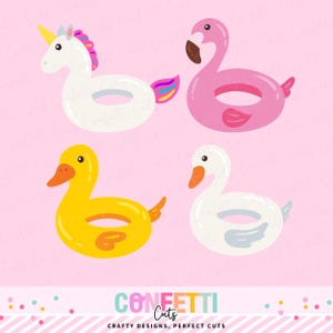 Könnte beinhalten: Vier aufblasbare Schwimmbad-Schwimmreifen: ein weißes Einhorn mit Regenbogen-Schwanz, ein rosa Flamingo, eine gelbe Ente und ein weißer Schwan. Die Schwimmreifen befinden sich auf einem rosa Hintergrund mit dem Text "Confetti Cuts" und "Crafty Designs, Perfect Cuts".
