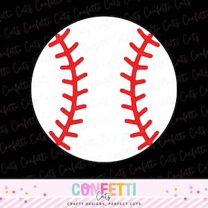 May include: A white baseball with red stitching against a black background. The baseball design is a simple, clean graphic, perfect for sports-themed crafts or decorations. The image also includes the text "Confetti Cuts" and "Crafty Designs, Perfect Cuts".