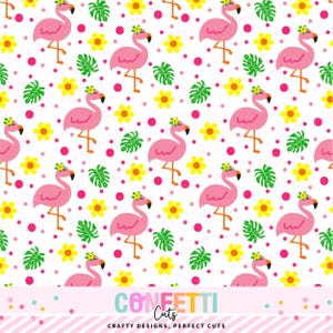 May include: A repeating pattern featuring pink flamingos wearing flower crowns, yellow flowers, green leaves, and pink polka dots on a white background. The text "Confetti Cuts" is at the bottom, with the tagline "Crafty Designs, Perfect Cuts."