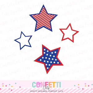 May include: Four star-shaped designs in red, white, and blue. One star has red and white stripes, another has a blue outline, and a third is red with a white outline. The fourth star is blue with white stars. The text "Confetti Cuts" is at the bottom.