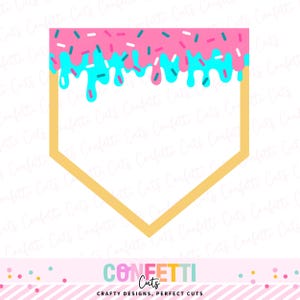 May include: A die-cut shape resembling a home plate, with a pink and blue frosted donut design at the top. The frosting has blue drips and sprinkles. The text "Confetti Cuts" and "Crafty Designs, Perfect Cuts" is at the bottom.