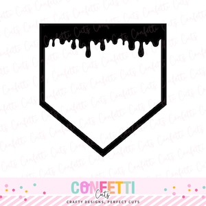 May include: A black baseball home plate shape with a dripping paint design at the top. The image is a vector graphic, perfect for crafting projects. The bottom of the image has the text "Confetti Cuts" and "Crafty Designs, Perfect Cuts".
