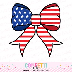 May include: A decorative bow graphic featuring a patriotic design with a blue field of white stars on the left loop and horizontal red and white stripes on the right loop, center knot, and two downward-pointing tails with a thick black outline.