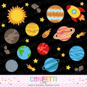May include: A collection of colorful, cartoon-style planets, stars, a rocket ship, and asteroids on a black background. The planets include Earth, Saturn, and Mars. The image has the text "Confetti Cuts" and "Crafty Designs, Perfect Cuts".