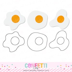 Puede incluir: Tres recortes con forma de huevo blancos y naranjas con la palabra "Confetti" impresa en las yemas. Debajo hay tres formas de huevo con contorno negro. La parte inferior de la imagen tiene el texto "Confetti Cuts" y "Crafty Designs, Perfect Cuts".