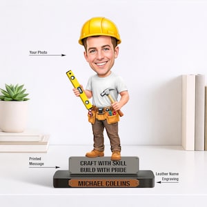 Op maat gemaakt aannemersbeeldje van foto, gepersonaliseerd bouwercadeau voor klusjesman of bouwvakker, taarttopper