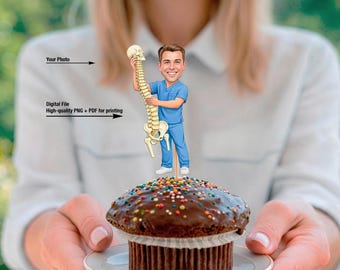 Chiropractor cadeau taart topper digitaal bestand, aangepaste osteopaat foto karikatuur afdrukbare PNG pdf, wervelkolom arts topper van foto