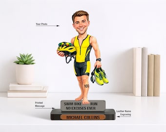 Ironman cadeau, cadeau voor triatleet, zwemfietsrennen beeldje van foto, portret cartoon cadeau, triatlonliefhebber taarttopper