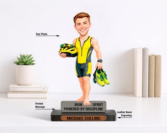 Ironman cadeau, cadeau voor triatleet, zwemfietsrennen beeldje van foto, portret cartoon cadeau, triatlonliefhebber taarttopper