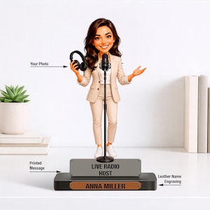 Op de afbeelding: Een gepersonaliseerde bobblehead-figuur van een radiopresentator in een beige pak, met een zwarte koptelefoon en staand voor een microfoon. De voet heeft een grijs plaatje met de tekst LIVE RADIO HOST en een bruin leren plaatje met ANNA MILLER.