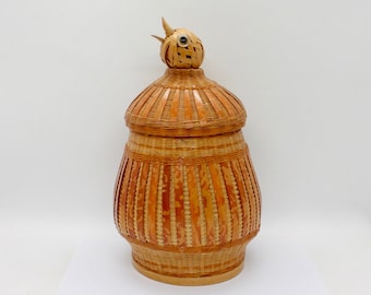 Vintage Chinese wicker container, with lid, ceramic inner, bird top, made in Fujian China