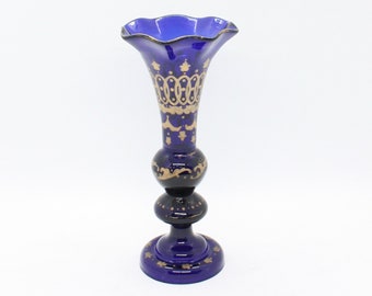 Vintage cobalt blue glass vase, Bohemian glass, gold detail