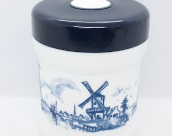 Vintage milk glass container with lid, Willem II, blue and white design
