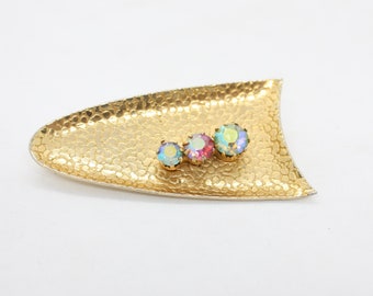 Vintage brooch, gold colour and aurora borealis stones, mid century, crackle finish