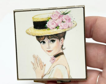 Vintage compact mirror, 1970's, lady in straw hat, pretty, made in Japan