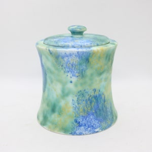 Empire Ware lidded pot, blue green mottled sponge glaze, Art Deco pottery