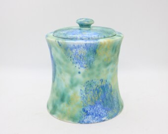 Empire Ware lidded pot, blue green mottled sponge glaze, Art Deco pottery