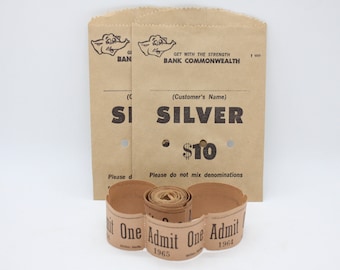Vintage paper coin bag Commonwealth Bank and vintage Admit One tickets, vintage ephemera