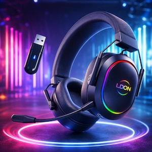 Pode incluir: Auscultadores de jogos pretos over-ear com microfone embutido e dongle USB. Os auscultadores apresentam uma luz LED arco-íris em torno dos fones de ouvido e o texto "LDON". O fundo tem luzes de néon.