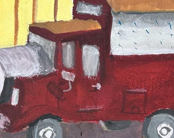 Original Old Truck Painting 4x6, Escondido Landscape, Gouache Industrial Art, Small Original Wall Decor