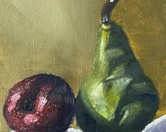 Poire et prune, peinture à l'huile originale, nature morte 5x7