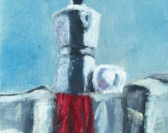 Cafetière et tasse, peinture à l'huile originale, nature morte 5x7