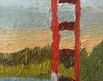 Peinture à l'huile originale du Golden Gate Bridge – Paysage de San Francisco (4 x 6 pouces) – Couteau à palette