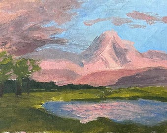 Reflet de montagne au crépuscule, peinture à l'huile originale 5x7, art paysager