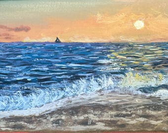Coucher de soleil côtier original peinture 4 x 6, art du paysage de la plage de Carlsbad, art mural océan gouache