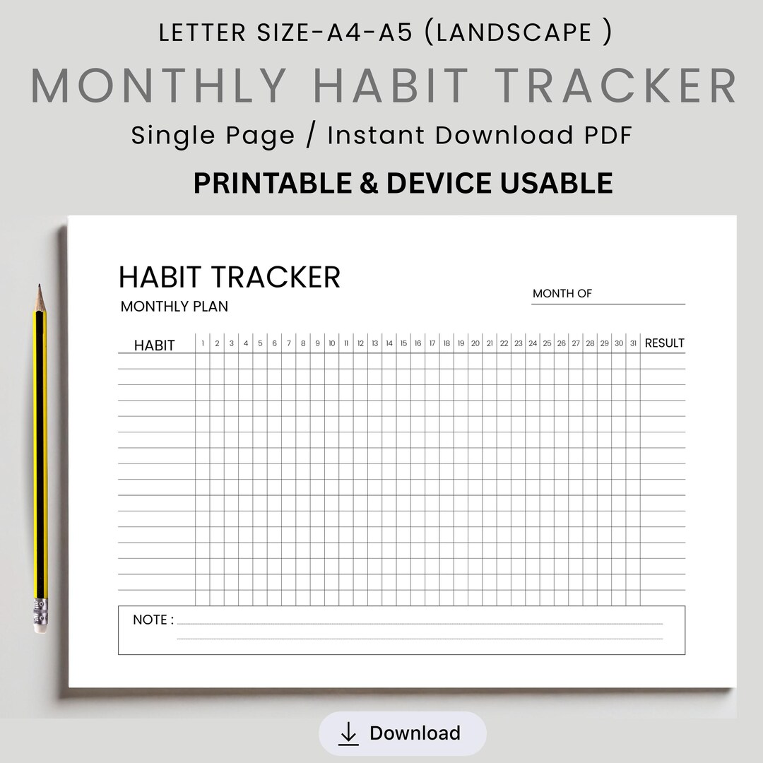 Monthly Habit Tracker Printable, Landscape Planner PDF, Goal Tracker ...