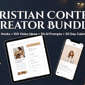 Può includere: Un pacchetto di marketing digitale intitolato "Christian Content Creator Bundle" con testo: 100 Hooks + 100 Idee Video + 50 Prompt AI + Calendario di 30 giorni. L'immagine include un tablet e uno smartphone che mostrano contenuti, una tazza di caffè e una collana con croce d'oro.