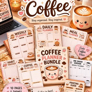 Può includere: Un set di agende digitali a tema caffè che include varie pagine stampabili come pianificatore settimanale, giornaliero, dei pasti, tracker delle abitudini e lista delle cose da fare con illustrazioni di tazze di caffè e dettagli rosa.
