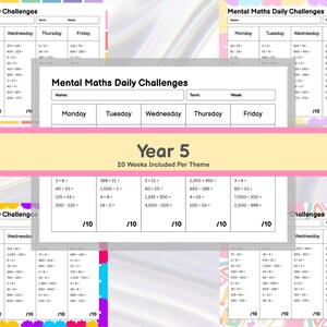 Può includere: Un set di fogli di lavoro colorati intitolati "Mental Maths Daily Challenges" per gli studenti di 5a elementare. Ogni foglio presenta problemi di matematica dal lunedì al venerdì, con un totale di 20 settimane incluse per tema.