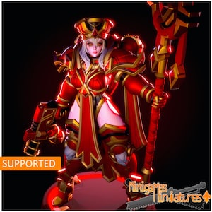 May include: A red and gold miniature figure of a female warrior, holding a weapon and staff. The figure is wearing armour and a crown. The word "SUPPORTED" is in a white box in the lower left corner. The figure is on a red base.