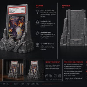 May include: Elite Stone slab holder, a gray 3D-printed display for graded cards. The holder features an ancient stone design, measuring 6 inches high, 5.5 inches wide, and 3.25 inches deep. It is designed to securely display and protect trading cards.