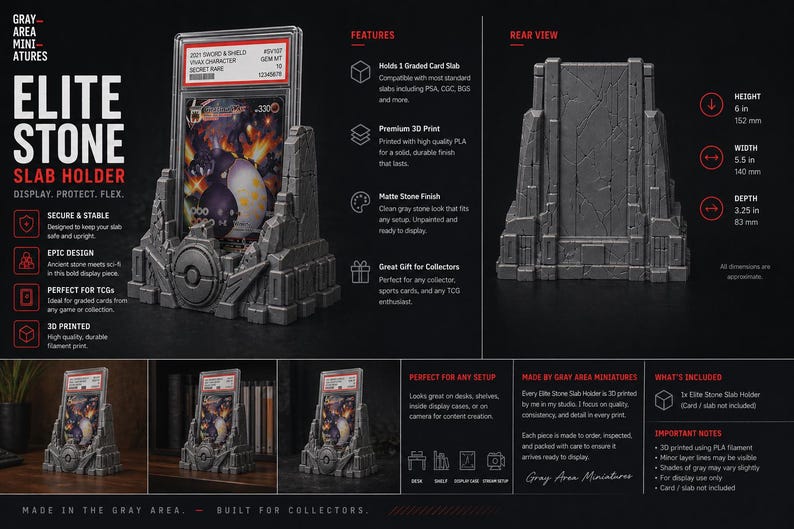 May include: Elite Stone slab holder, a gray 3D-printed display for graded cards. The holder features an ancient stone design, measuring 6 inches high, 5.5 inches wide, and 3.25 inches deep. It is designed to securely display and protect trading cards.