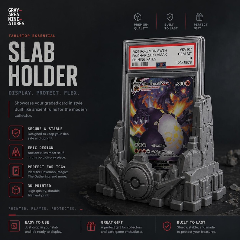 May include: A gray 3D-printed slab holder designed to display and protect graded cards. The holder has an ancient ruins design and features the text "SLAB HOLDER". A Pok&eacute;mon card is displayed in the holder.