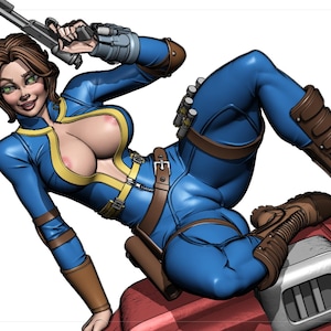 Puede incluir: Ilustración de una mujer con un mono azul con detalles amarillos, botas marrones y un cinturón de herramientas. Sostiene un arma. La obra de arte tiene un estilo de cómic.