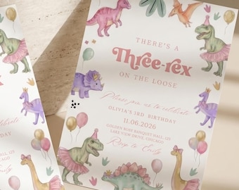 Three Rex Birthday Invitation Girl Editable Dinosaur Birthday Invite 3rd Birthday Girl Pink Pastel Dino Party Invitation Instant Download