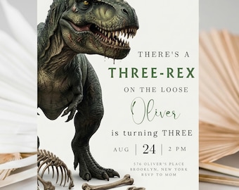 drei rex Geburtstagseinladung Junge Dinosaurier Geburtstagseinladung Trex Geburtstagseinladung bearbeitbare Canva Vorlage 3